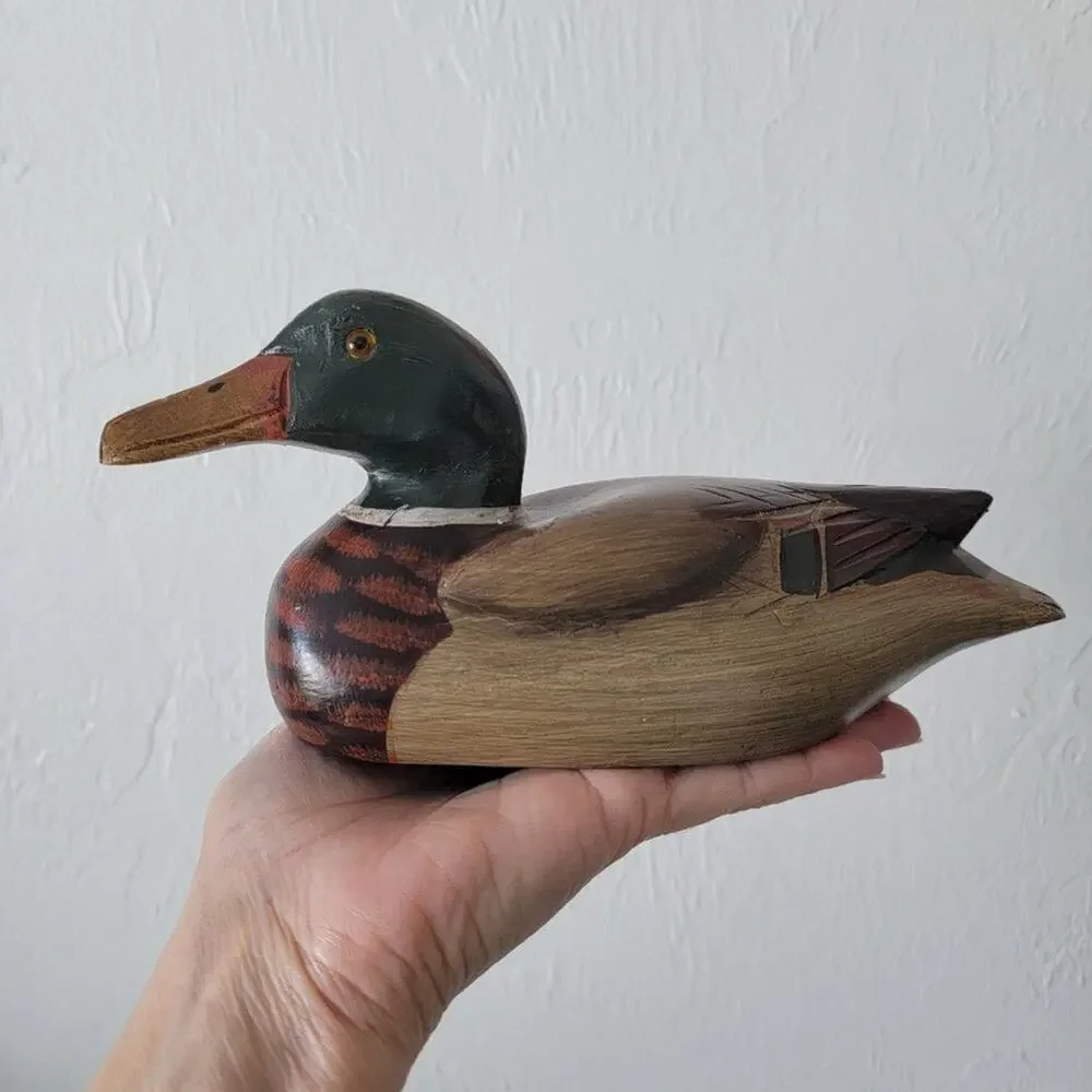 Vintage Hand Painted Wooden Duck Decoy Hand Carved Mallard Figurine Glass Eyes